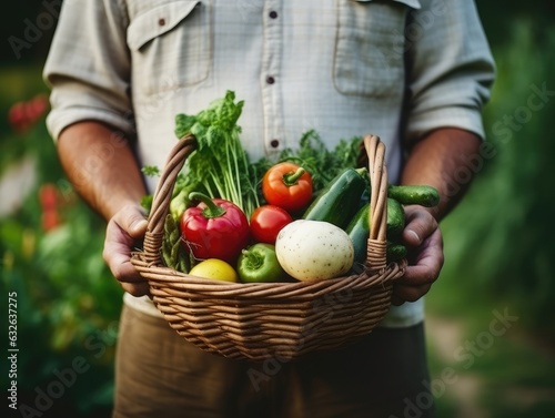 an elderly man holding a basket of vegetables, a retired elderly man in his garden with a harvest of organic vegetables, home farming. © AndErsoN