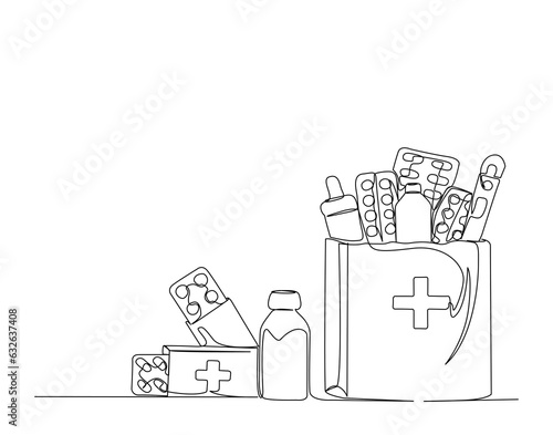 Continuous one line drawing of medicine in the paper bag. simple medical drugs pharmacy care line art vector illustration.