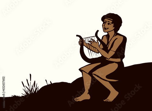 Vector drawing. Guy playing the harp