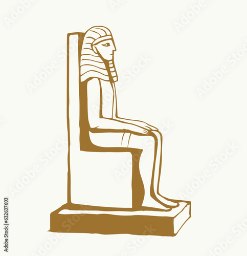 Vector drawing. Egyptian male statue. Pharaoh on the throne