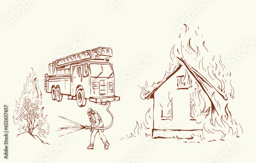 Vector drawing. Unreasonable work. A fireman puts out a bush instead of a house