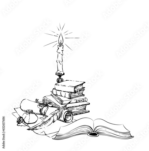 Vector drawing. Books and a candle in a candlestick
