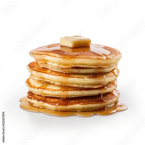 a stack of pancakes with butter and syrup isolated on white generative AI