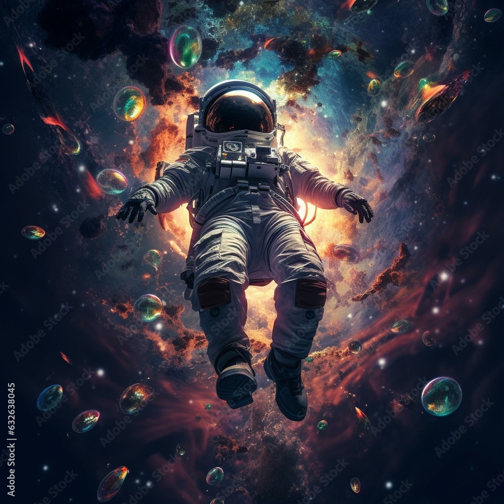 Naklejka premium trippy astronaught floating through galaxy