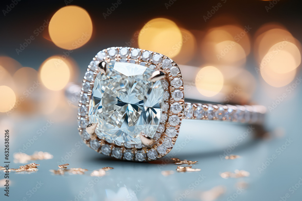 Fototapeta premium Wedding concept, closeup of beautiful diamond engagement cushion cut ring, commercial style banner.