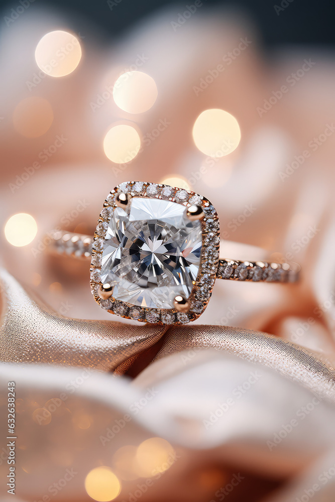 Wedding concept, closeup of beautiful diamond engagement cushion cut ring, commercial style vertical banner. Wedding concept, closeup of beautiful diamond engagement cushion cut ring, commercial style vertical banner.