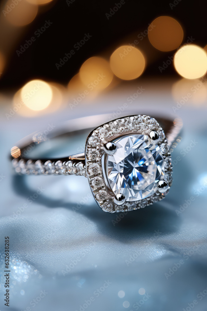 Wedding concept, closeup of beautiful diamond engagement cushion cut ring, commercial style vertical banner. Wedding concept, closeup of beautiful diamond engagement cushion cut ring, commercial style vertical banner.