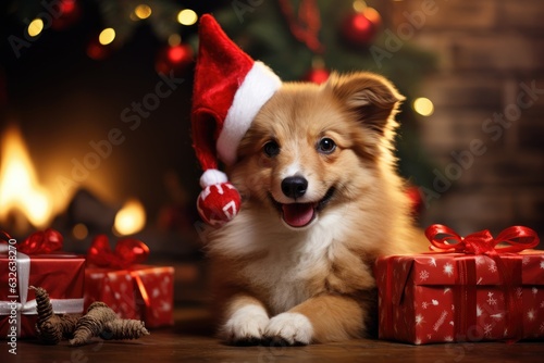 dog sitting in front of a fireplace with Christmas stockings , allow copy space, christmas banner, bright palette