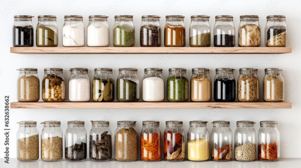 shelves of glass spice jars in pantry isolated on white  generative AI - obrazy, fototapety, plakaty 