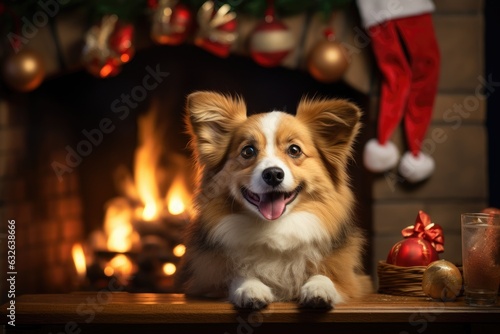 dog sitting in front of a fireplace with Christmas stockings , allow copy space, christmas banner, bright palette © PinkiePie