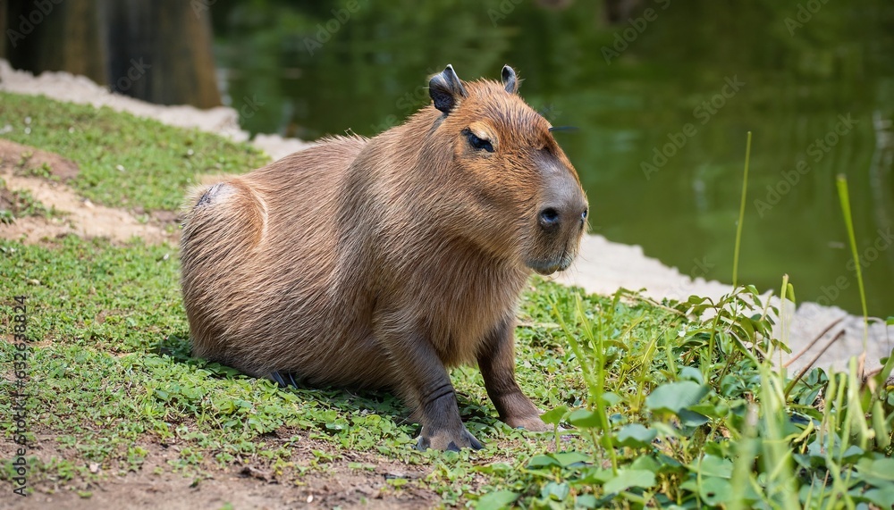 a capybara sitting beside the river, A reclining rat basks in the sun with a pulse a capybara sitting beside the river, A reclining rat basks in the sun with a pulse