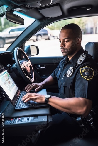 Obraz na płótnie shot of a police officer using a laptop in his car w salonie
