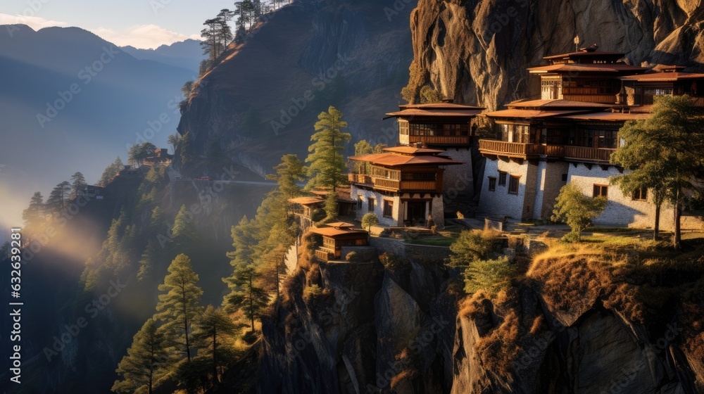 peaceful remote himalayan mountain village homes dotted along cliffside in bhutan, spirituality happiness tranquility generative AI