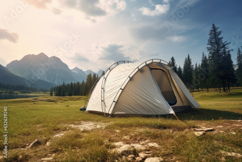 Nature camping: tent amid stunning landscape, in a serene, protected area.