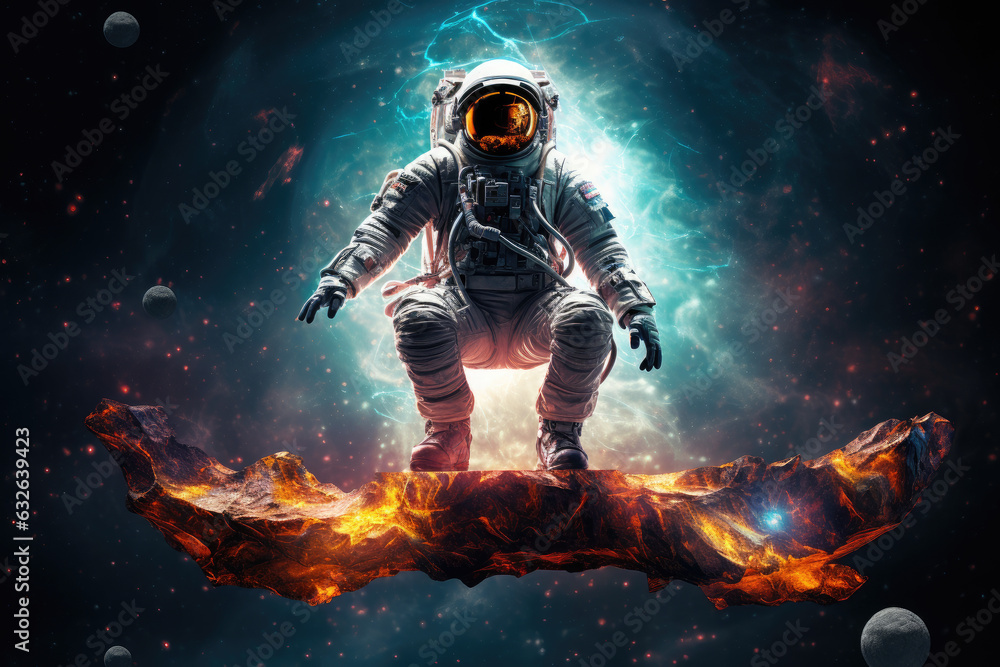 An astronaut in a colorful galaxy in space. Ai art. Pop art concept, gaming art concept, wallpaper. An astronaut in a colorful galaxy in space. Ai art. Pop art concept, gaming art concept, wallpaper.