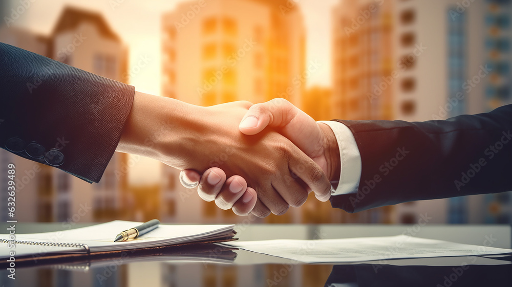 close up of hands shaking hands with partners to sign contracts business investment about real estate. generative AI close up of hands shaking hands with partners to sign contracts business investment about real estate. generative AI