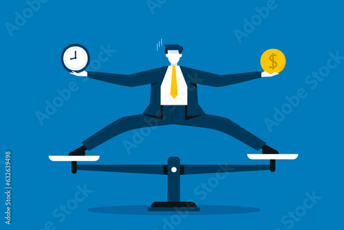 Time and money on scales. People balance job time and money in business time for success.