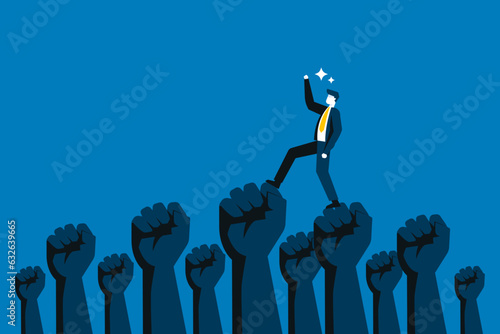 Business leaders raising the hands of the team announcing the success of the business.