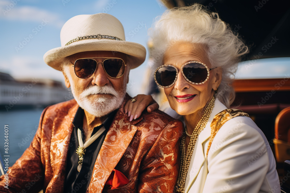 Candid portrait of a happy fashionable elderly senior couple in love celebrating on a wedding party
