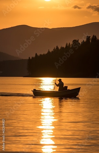 Fisherman on a boat at sunrise, serene hobby time, generative ai