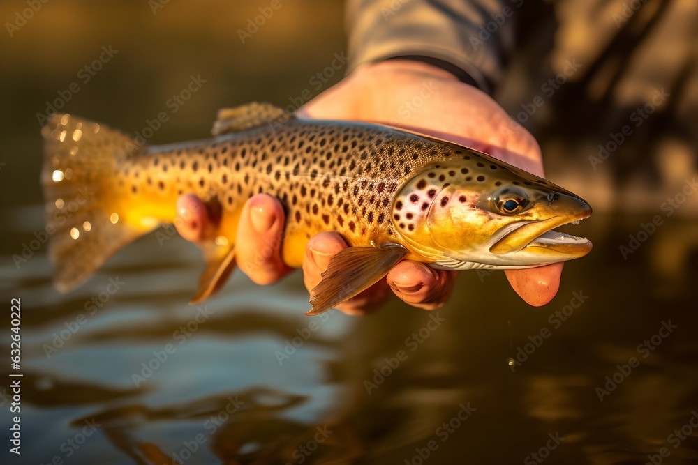 Fisherman hand holding trout he just caught in the water, generative ai Fisherman hand holding trout he just caught in the water, generative ai