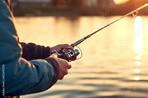 Fototapeta Fisherman hand holding fishing rod near water, generative ai