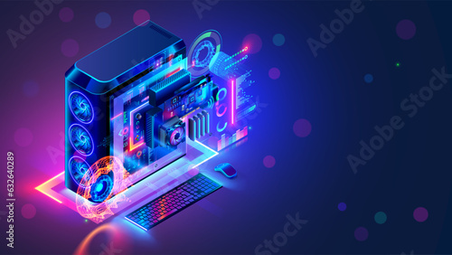 Gaming computer upgrade or repair. Modern power PC in dark with neon lights of CPU, coolers, RAM boards. Configuration or repair of hardware of desktop gaming computer. Computer repair services.