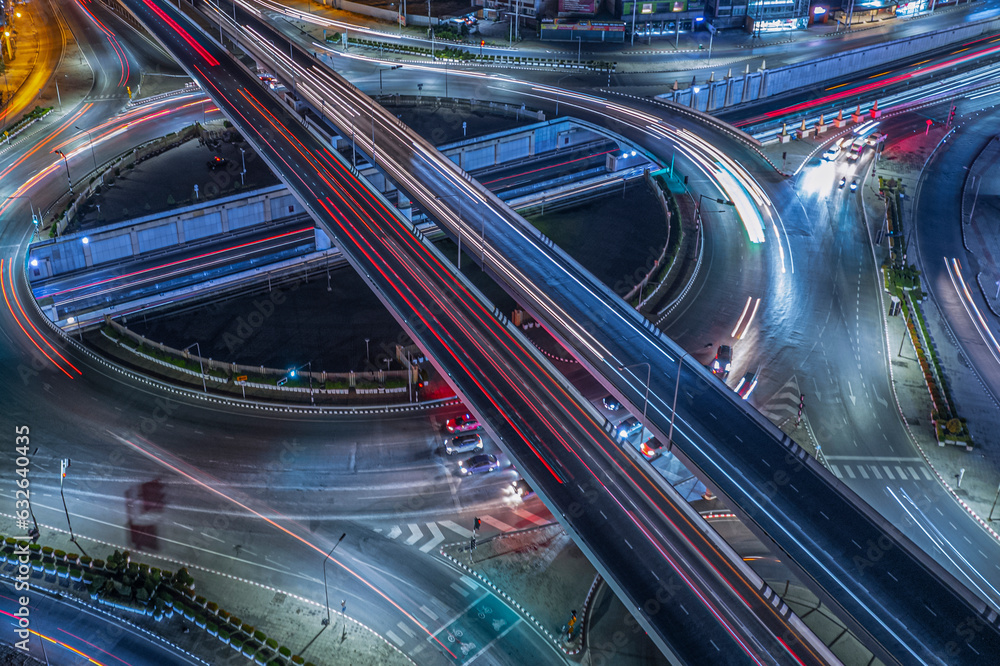 Expressway top view, Road traffic an important infrastructure, Drone aerial view fly in circle, traffic transportation, Public transport or commuter city life concept of economic and energ, transport