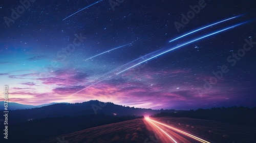 plane light trail through starry sky generative AI © Brandon