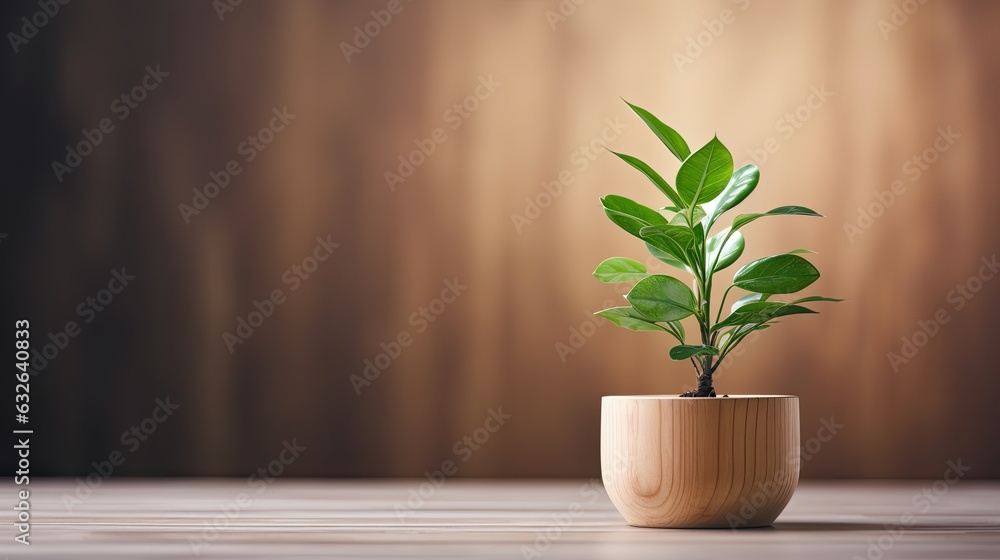 potted green plant on light wood desk generative AI potted green plant on light wood desk generative AI