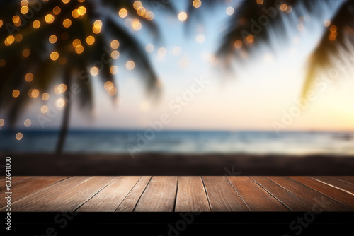 Empty rustic wooden table with romantic summer tropical beach dawn bokeh background for product display - tabletop presentation for visual merchandising
