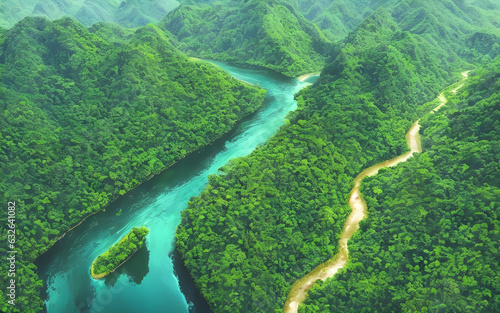 beautiful natural scenery of the river in the tropical green forest of southeast asia with mountains. tropical green forest with mountains and a river in the background. drone aerial view. generative 