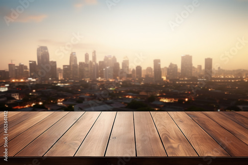 Empty rustic wooden table with urban city skyline bokeh background for product display - tabletop presentation for visual merchandising