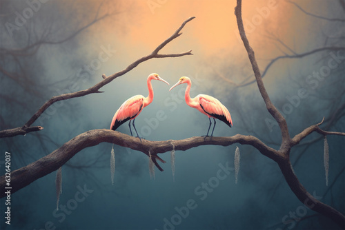 A pair of flaminggo birds perched on a tree branch