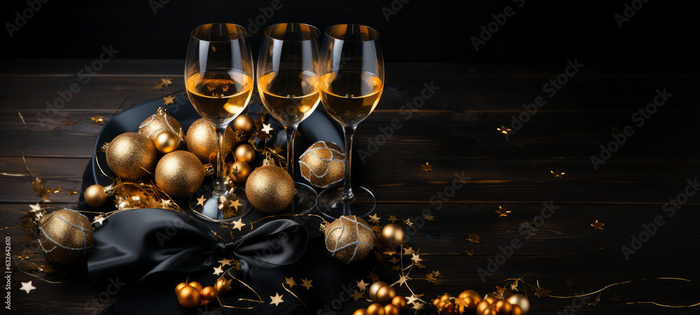 New Year's Eve decoration, gold ribbons, champagne glasses on dark background.generative ai