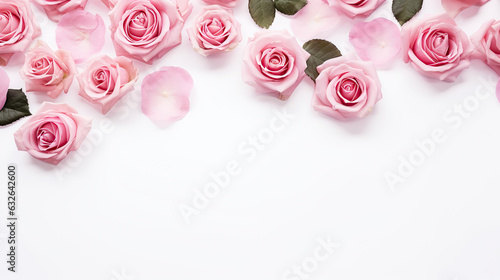 Decorative web banner. Close up of blooming pink roses flowers and petals isolated on white table background. Floral frame composition. Empty space, flat lay, top view