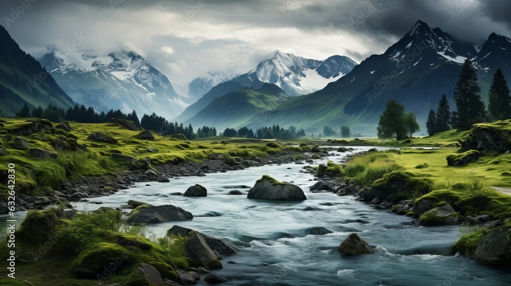 Photo of a serene river flowing through a vibrant valley created with Generative AI technology