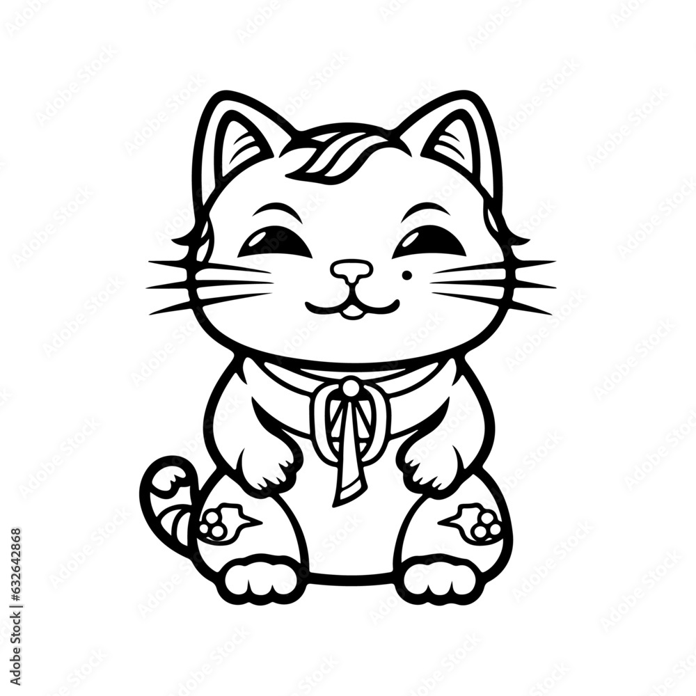 Vector illustration isolated on white kawaii asian cat. Neko with one hand up. Lucky cat Maneki Neko Outline Icon coloring book black line Vector illustration isolated on white kawaii asian cat. Neko with one hand up. Lucky cat Maneki Neko Outline Icon coloring book black line