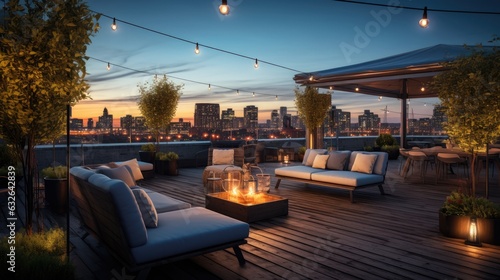 rooftop party lounge with firepit and chairs and lights generative AI