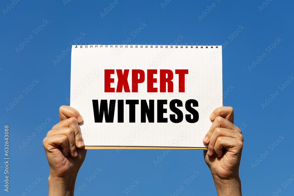 Expert witness text on notebook paper held by 2 hands with isolated blue sky background. This message can be used as business concept about expert witness. Expert witness text on notebook paper held by 2 hands with isolated blue sky background. This message can be used as business concept about expert witness.