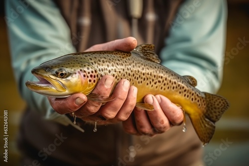 Fisherman hand holding trout he just caught in the water, generative ai