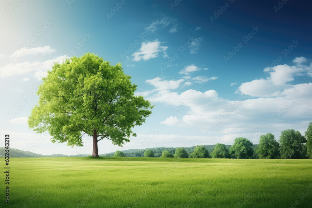 Fototapeta premium Green tree in the field against blue sky with clouds.