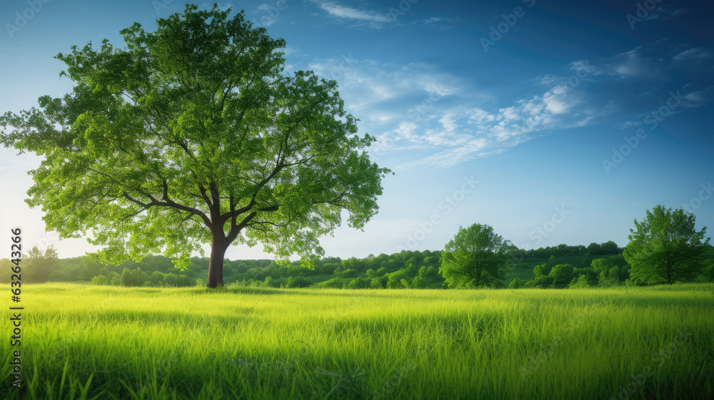 Fototapeta premium Green meadow and big tree with blue sky. Nature background.
