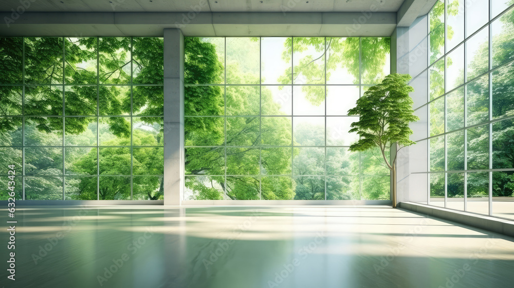Empty modern bright interiors room illustration with bokeh effect and forest scenery outside the room.. Empty modern bright interiors room illustration with bokeh effect and forest scenery outside the room..