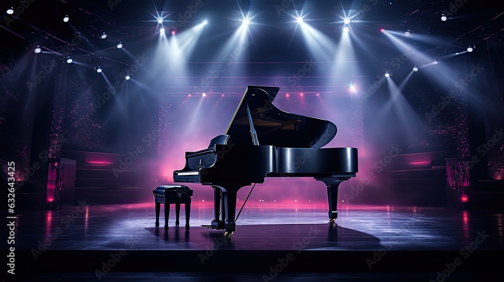 black piano nightclub stage with lights generative AI - obrazy, fototapety, plakaty 