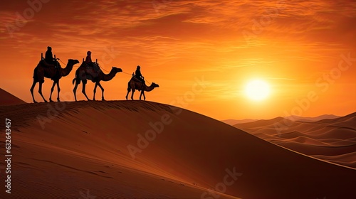 silhouette camel caravan crossing the dunes magically at sunset sahara desert generative AI