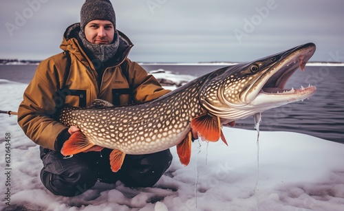 Winter ice fishing, man holding a huge trophy fish he caught, generative ai