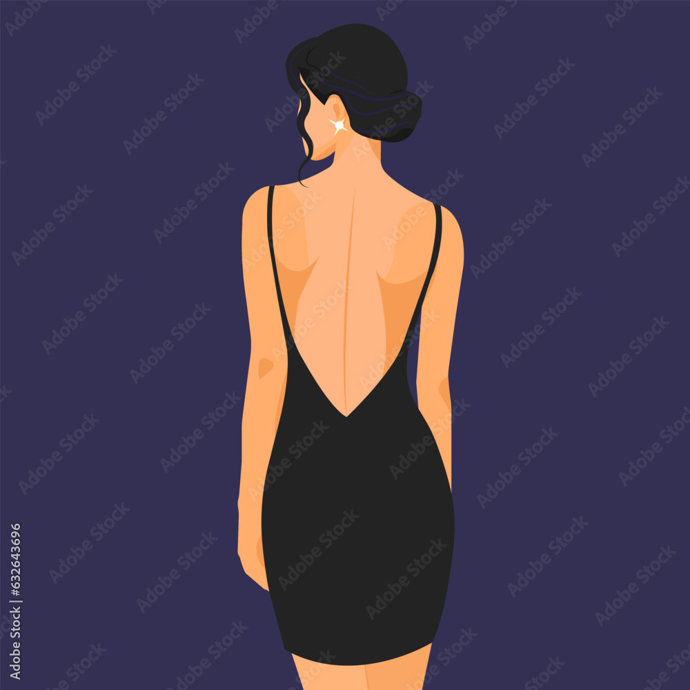 Fototapeta premium Vector fashion illustration, elegant young woman with dark hair in a seductive stylish dress with bare shoulders and back. Back view. 