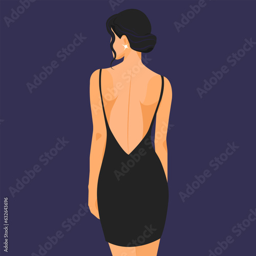 Vector fashion illustration, elegant young woman with dark hair in a seductive stylish dress with bare shoulders and back. Back view.
