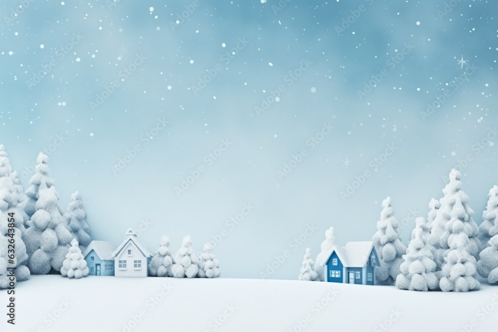 Winter forest background with a little houses, snow-covered coniferous trees and place for text. AI generated